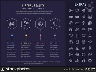 Virtual reality options infographic template, elements and icons. Infograph includes line icon set with virtual reality glasses, vr technology, video game console, cloud computing, global network etc.. Virtual reality infographic template and elements.