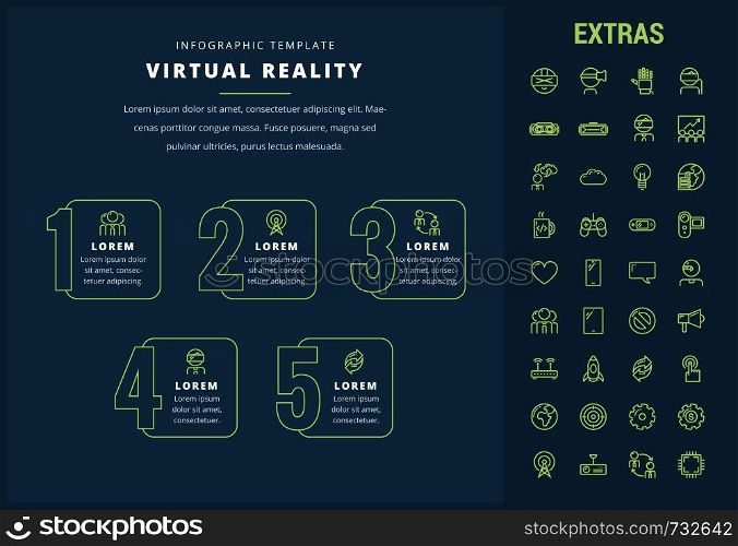 Virtual reality options infographic template, elements and icons. Infograph includes line icon set with virtual reality glasses, vr technology, video game console, cloud computing, global network etc.. Virtual reality infographic template and elements.