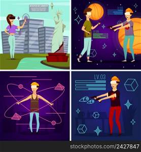 Virtual reality orthogonal flat design concept including people during education program and computer games isolated vector illustration . Virtual Reality Orthogonal Design Concept
