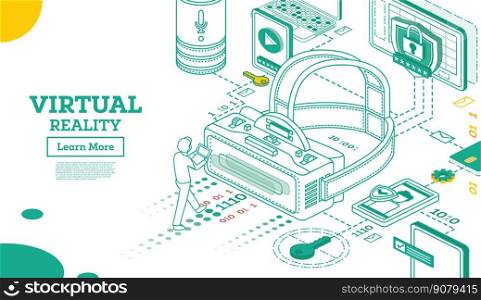 Virtual Reality Outline 3d Isometric Concept. Vector Illustration. VR Headset Isolated on White. Virtual Augmented Reality Glasses. Future Technology.  