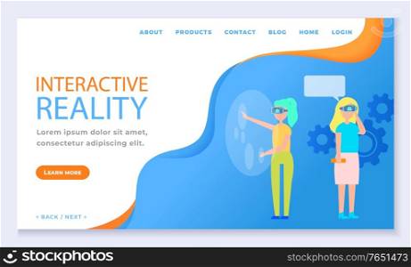 Virtual reality, people in VR glasses landing web page template vector. Women in interactive reality with modern devices, special goggles. Gadget, smartphone or tablet, Internet website illustration. Women in VR Glasses, Virtual Reality Landing Page