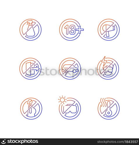 Virtual reality rules gradient linear vector manual label icons set. Thin line contour symbols bundle. Isolated outline illustrations collection on black and white for product use instructions. Virtual reality rules gradient linear vector manual label icons set