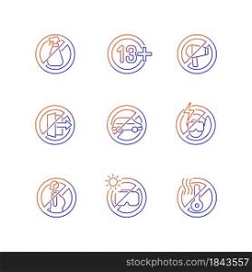 Virtual reality rules gradient linear vector manual label icons set. Thin line contour symbols bundle. Isolated outline illustrations collection on black and white for product use instructions. Virtual reality rules gradient linear vector manual label icons set