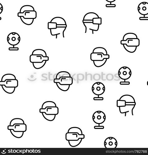 Virtual Reality Spectacles Seamless Pattern Vector. Vr Spectacles On Man Head And Web Camera Monochrome Texture Icons. Modern Media Video Technology Device Template Flat Illustration. Virtual Reality Spectacles Seamless Pattern Vector