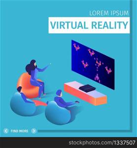 Virtual Reality Square Banner. Men and Woman Sit Around of TV. People Playing on Play Station in Old 8 Bit Video Game Using Joystick. Entertainment Industry. 3d Flat Vector Isometric Illustration. People Sit Around of TV Set Playing Video Game.