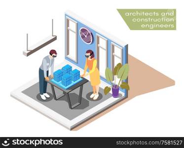 Virtual reality technology in architecture isometric composition with construction engineers in vr glasses visualizing buildings vector illustration