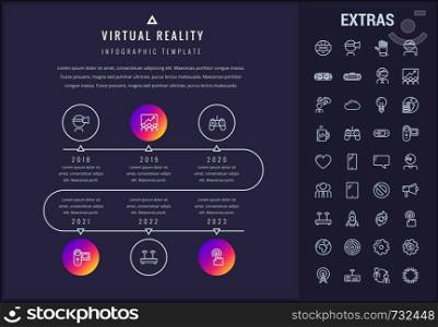 Virtual reality timeline infographic template, elements and icons. Infograph includes years, line icon set with virtual reality glasses, vr technology, video game, cloud computing, global network etc.. Virtual reality infographic template and elements.