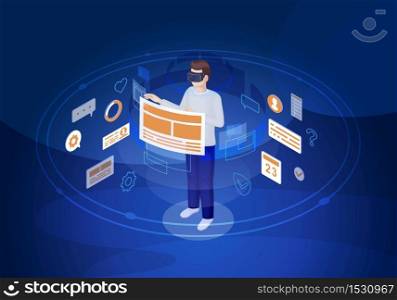 Virtual reality UI isometric vector illustration. VR user interface and navigation. Futuristic digital technology. Virtual screen. Augmented reality 3d concept. Player in VR headset. Web banner idea. Virtual reality UI isometric vector illustration