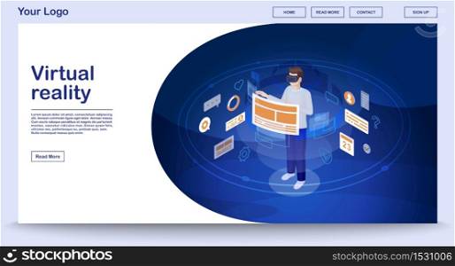 Virtual reality UI webpage vector template with isometric illustration. Website interface design. Futuristic digital technology. Augmented reality 3d concept. Player in VR headset. Web banner idea. Virtual reality UI webpage vector template with isometric illustration