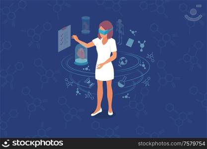 Virtual reality use in visual education design concept with girl in VR glasses surrounded by science signs isometric vector illustration