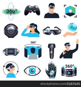 Virtual Reality Visualization Simulation Icon Set. Colored isolated virtual reality visualization simulation icon set glasses with a viewing angle of three hundred and sixty degrees vector illustration