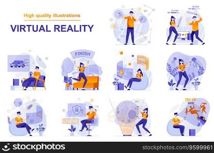 Virtual reality web concept with people scenes set in flat style. Bundle of users in VR headsets playing games, working, learning, going in for cybersport. Vector illustration with character design