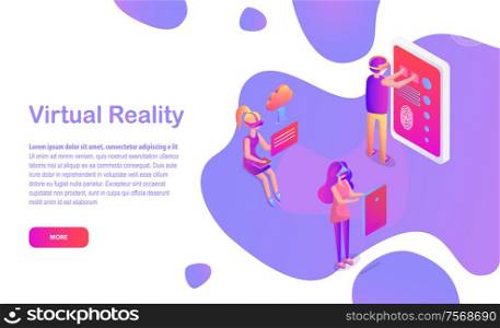 Virtual reality web page with people in VR glasses vector. Men and women with modern devices, cloud and touch screen, gadget, smartphone or tablet. People in VR Glasses, Virtual Reality Web Page
