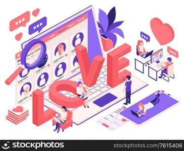 Virtual relationship dating love isometric composition with laptop screen partner profile search magnifier online chat vector illustration