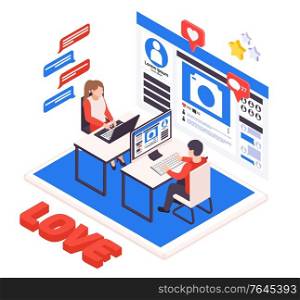 Virtual relationship isometric composition with young couple dating online with laptop desktop love heart symbols vector illustration. Online Dating Isometric Composition