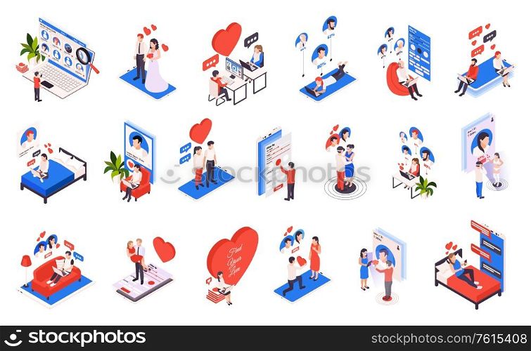 Virtual relationship isometric icons set with choosing partner online dating heart love proposal wedding isolated vector illustration
