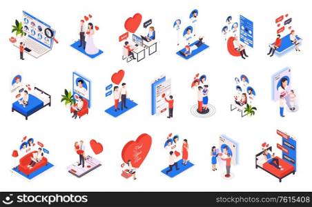 Virtual relationship isometric icons set with choosing partner online dating heart love proposal wedding isolated vector illustration