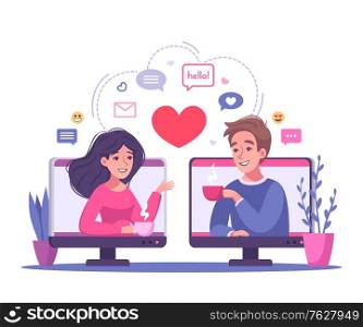 Virtual relationships online dating cartoon composition with computer screens and couple having date with messaging pictograms vector illustration