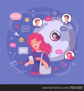 Virtual relationships online dating cartoon composition with female character earth globe emoji and message pictograms flowchart vector illustration