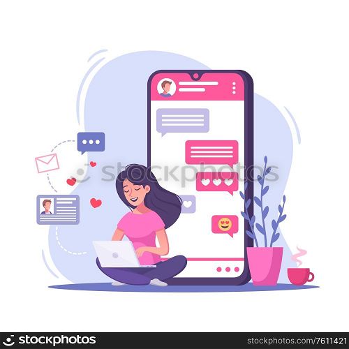 Virtual relationships online dating cartoon composition with girl sitting in front of smartphone with love chat vector illustration