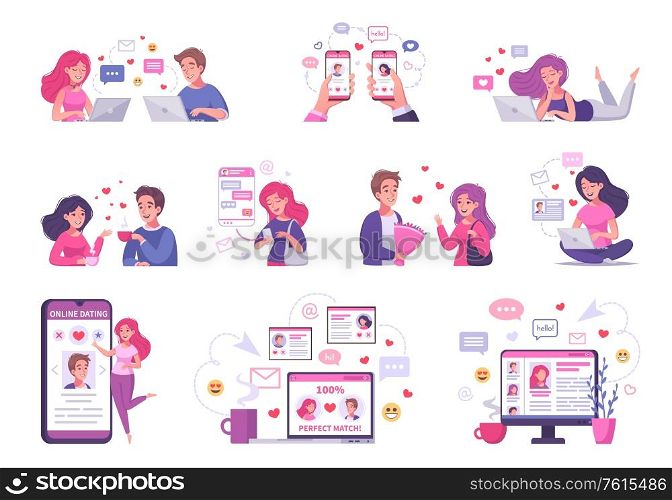 Virtual relationships online dating cartoon set with isolated compositions of messaging pictograms gadget screens and people vector illustration