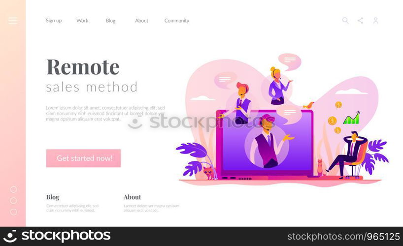 Virtual sales, remote sales method, virtual sales team and assistants concept. Website homepage interface UI template. Landing web page with infographic concept hero header image.. Virtual sales landing page template.