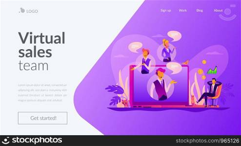 Virtual sales, remote sales method, virtual sales team and assistants concept. Website homepage interface UI template. Landing web page with infographic concept hero header image.. Virtual sales landing page template.