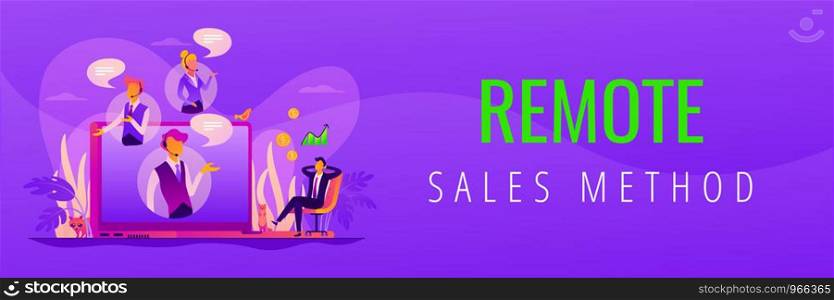 Virtual sales, remote sales method, virtual sales team and assistants concept. Vector banner template for social media with text copy space and infographic concept illustration.. Virtual sales web banner concept.