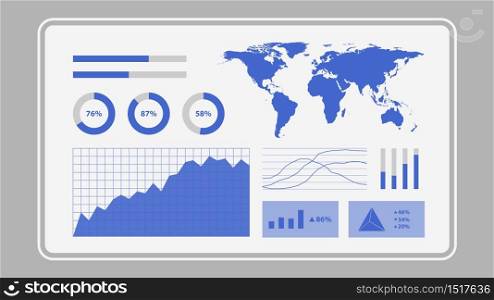 Virtual screen showing data analytics statistics chart dashboard, vector illustration