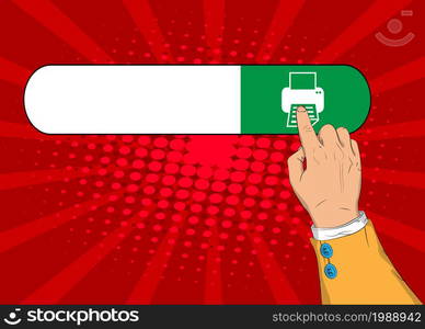 Virtual search bar with Print icon. Businessman pushing his right hand index finger to touch the printer symbol. Printing business concept.