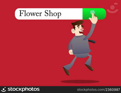 Virtual search bar with the text Flower Shop. Cartoon Businessman jumping up to touch a search icon.
