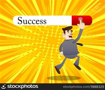 Virtual search bar with the text Success. Cartoon Businessman jumping up to touch a search icon. Successful, winning, achievement business concept.