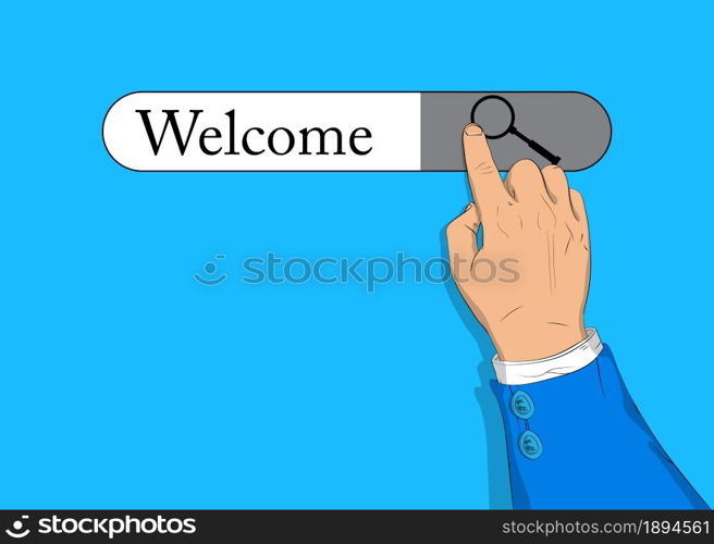 Virtual search bar with the text Welcome. Businessman pushing his right hand index finger to touch a search icon.