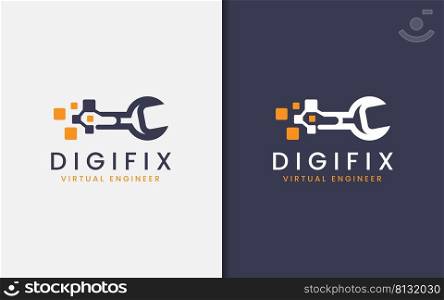Virtual Service Engineer with Wrench and Digital Element Combination, Abstract Tech Logo Design.