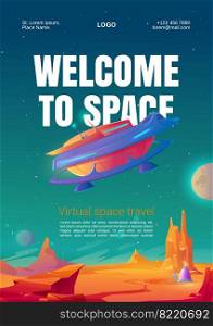 Virtual space travel flyer. VR technologies, augmented reality with alien planets and outer space. Vector poster with cartoon landscape of Mars surface with colony base and spacecraft. Virtual space travel flyer with spacecraft