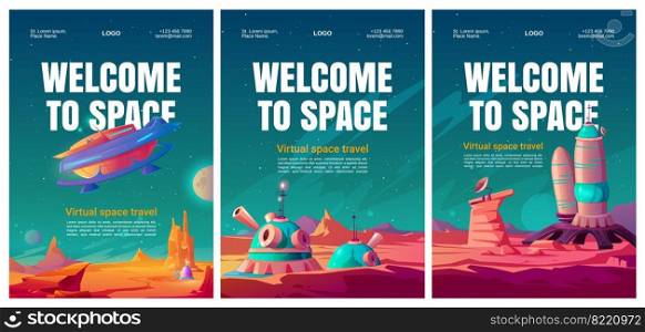 Virtual space travel flyers. VR technologies, augmented reality with galaxy exploring and colonization alien planets. Vector posters with cartoon landscape of Mars with colony base and spacecraft. Virtual space travel flyer with colony base