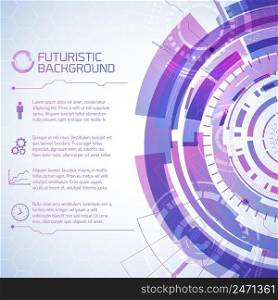 Virtual technology background with composition of futuristic round user touchscreen elements and text paragraphs with icons vector illustration. Modern Technology Conceptual Background