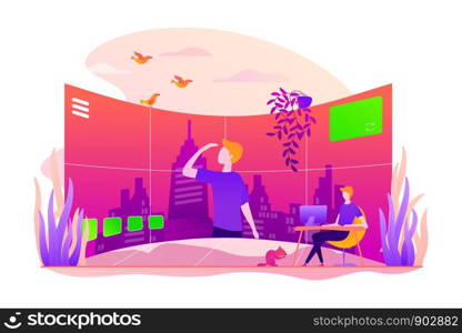 Virtual tour, 3d reality tours, virtual reality walk concept. Colorful vector isolated concept illustration with tiny people and floral organic elements. Hero image for website.. Virtual tour vector concept vector illustration.