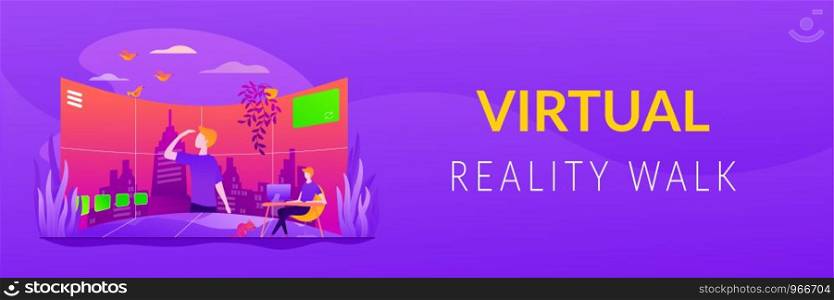 Virtual tour, 3d reality tours, virtual reality walk concept. Vector banner template for social media with text copy space and infographic concept illustration.. Virtual tour vector web banner concept.