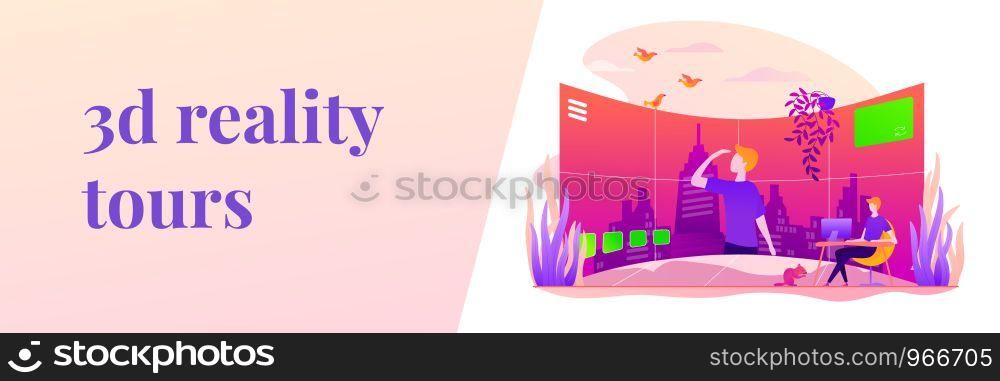 Virtual tour, 3d reality tours, virtual reality walk concept. Vector banner template for social media with text copy space and infographic concept illustration.. Virtual tour vector web banner concept.