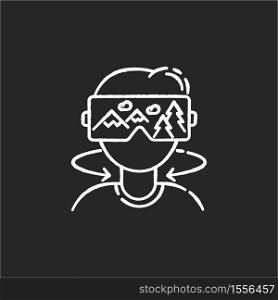 Virtual tourism chalk white icon on black background. Modern vacation, interactive digital tour simulation.. Immersive experience. Tourist in VR headset isolated vector chalkboard illustration. Virtual tourism chalk white icon on black background