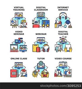 Virtual Training Set Icons Vector Illustrations. Virtual Training And Educational Video Seminar Course, Digital And Online Class Teacher Teaching Webinar In Internet Color Illustrations. Virtual Training Set Icons Vector Illustrations