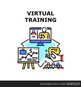Virtual Training Vector Icon Concept. Virtual Training For Teaching Businessman And Manager In Cyberspace, Audience Listening Teacher Financial Presentation Online Video Call Color Illustration. Virtual Training Vector Concept Color Illustration