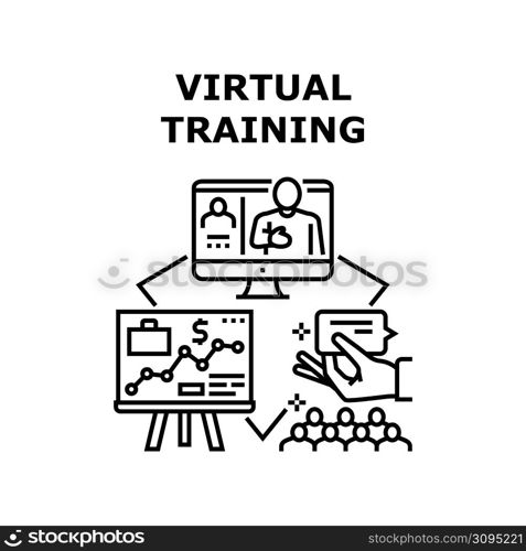 Virtual Training Vector Icon Concept. Virtual Training For Teaching Businessman And Manager In Cyberspace, Audience Listening Teacher Financial Presentation Online Video Call Black Illustration. Virtual Training Vector Concept Black Illustration