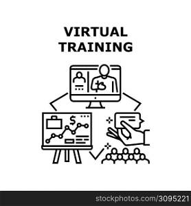 Virtual Training Vector Icon Concept. Virtual Training For Teaching Businessman And Manager In Cyberspace, Audience Listening Teacher Financial Presentation Online Video Call Black Illustration. Virtual Training Vector Concept Black Illustration