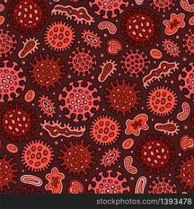 Virus and bacteria hand drawn doodles seamless pattern. Coronavirus background. Cartoon print design. Colorful vector illustrations. Virus and bacteria hand drawn doodles seamless pattern. Coronavirus background.
