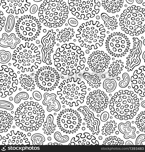Virus and bacteria hand drawn doodles seamless pattern. Coronavirus background. Cartoon print design. Line art vector illustrations. Virus and bacteria hand drawn doodles seamless pattern. Coronavirus background.
