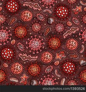 Virus and bacteria hand drawn doodles seamless pattern. Coronavirus background. Cartoon print design. Colorful vector illustrations. Virus and bacteria hand drawn doodles seamless pattern. Coronavirus background.