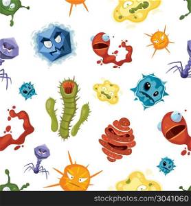Virus and bacteria vector seamless pattern. Virus and bacteria vector seamless pattern. Microorganism and strange bacterium and microbe illustration