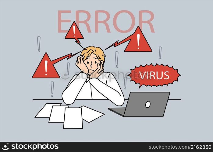 Virus and error in laptop concept. Stressed confused worker man sitting and having problem error virus in laptop computer vector illustration . Virus and error in laptop concept